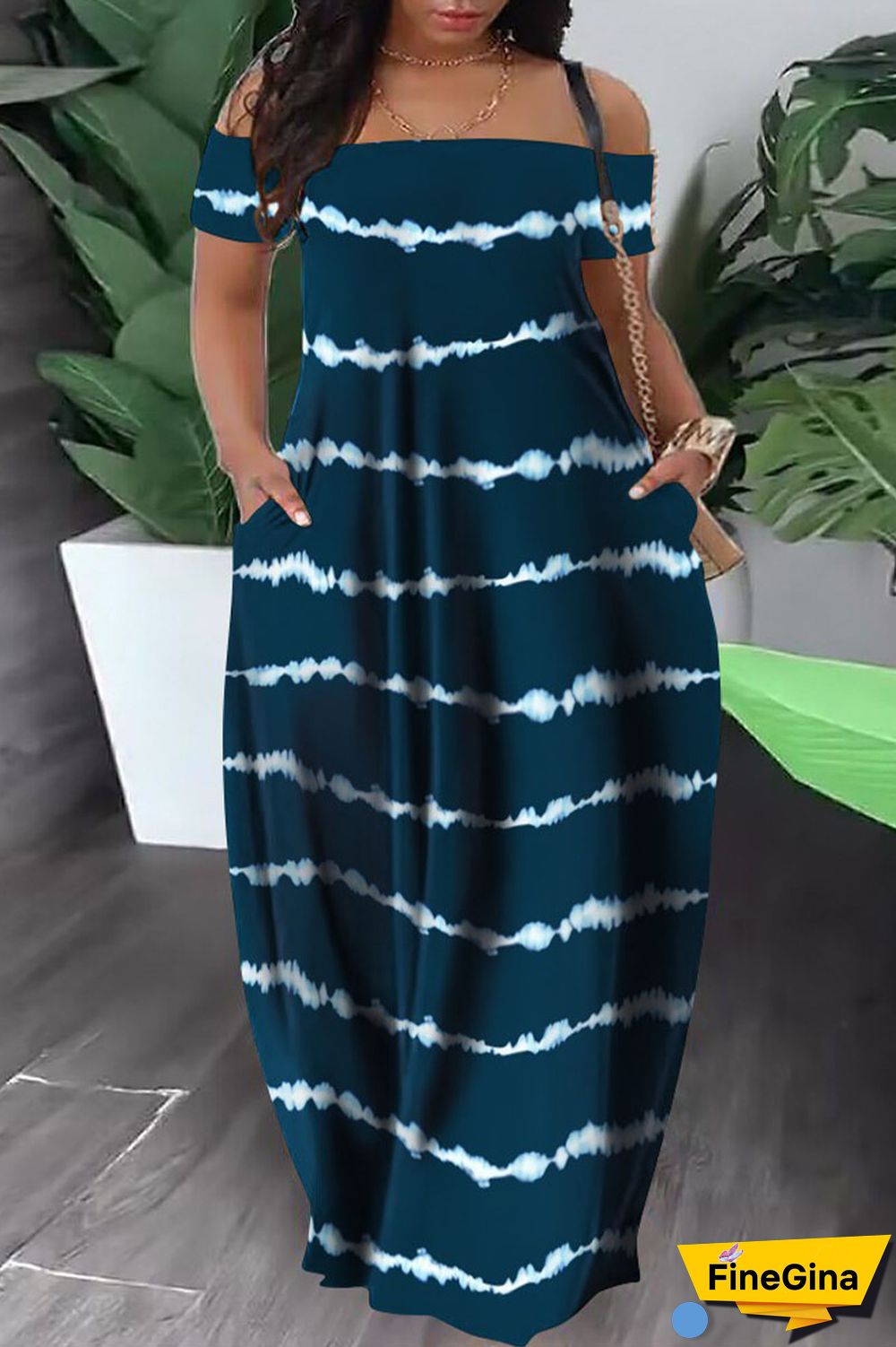 Army Green Casual Print Patchwork Pocket Off the Shoulder Lantern Dress Dresses