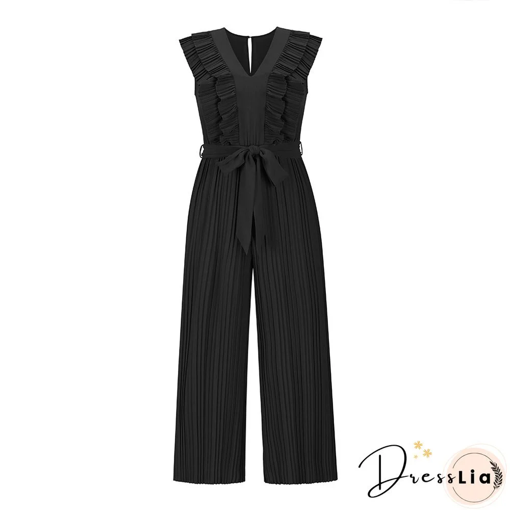 Chic Ruffle V-Neck High Waist Pleated Jumpsuit Women Summer New Casual Loose Wide Leg Slim Fit Sexy Solid Lace-up Jumpsuit