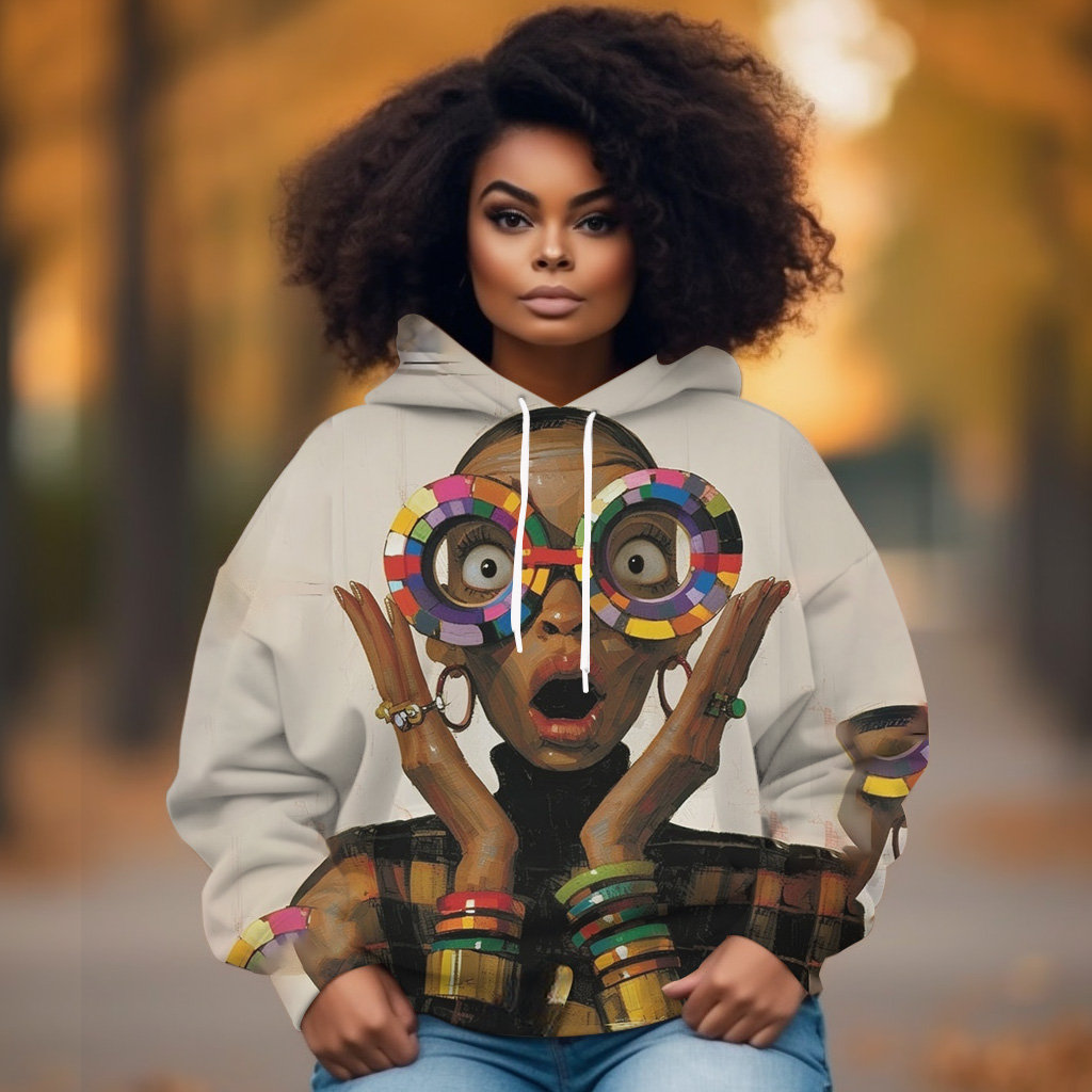 Surprised Cartoon Portrait Printed Long-Sleeved Hoodie