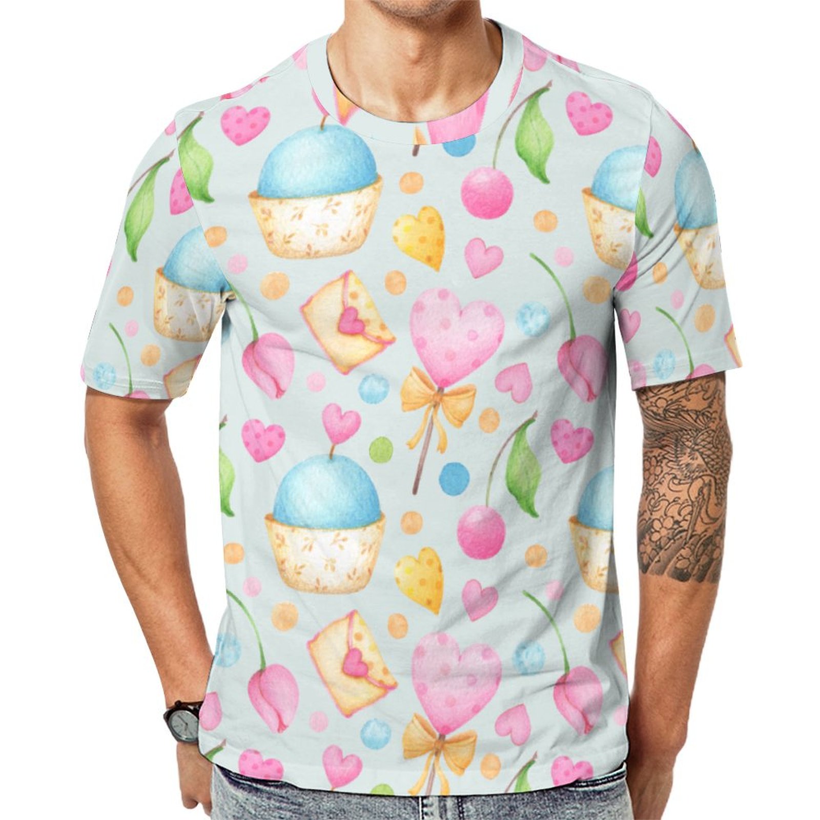 Hearts And Cupcakes Delightful Watercolor Short Sleeve Print Unisex Tshirt Summer Casual Tees for Men and Women Coolcoshirts