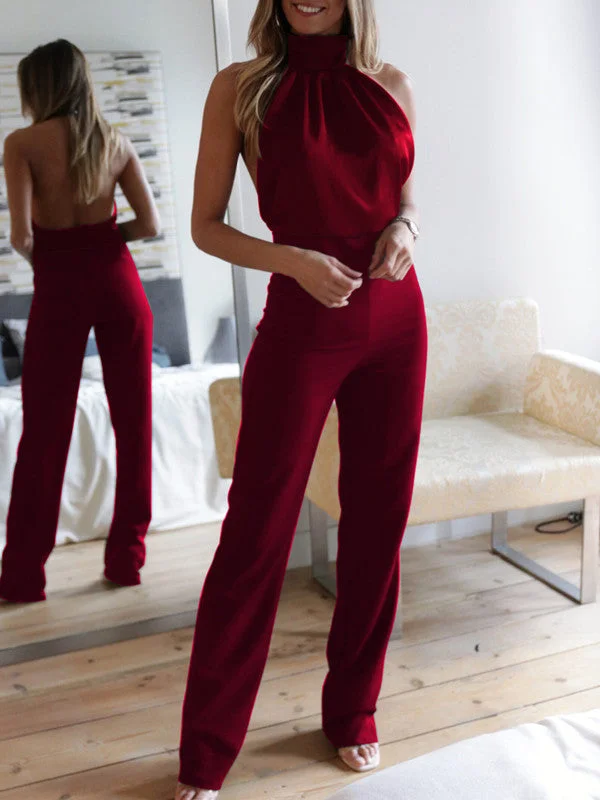 Solid Color Backless Halter Jumpsuit