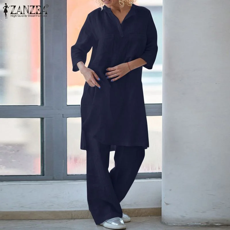2PCS Autumn Matching Sets Women Fashion Solid 3/4 Sleeve Blouse Casual Loose Wide Leg Trousers Cotton Pant Sets Oversize Suits