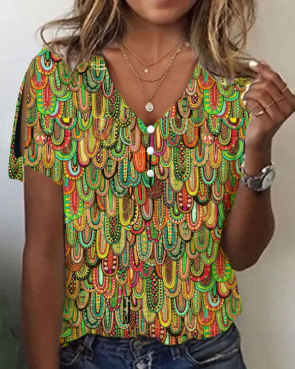 Casual V Neck Colorful Print Short Sleeve Tops