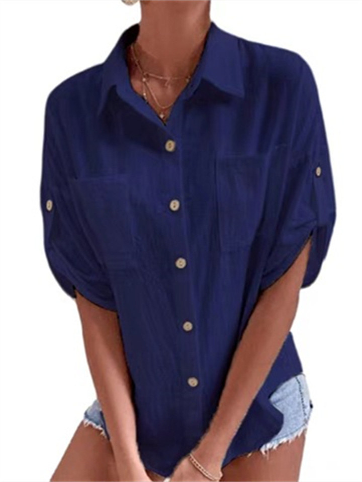 Women's Summer New Medium-sleeved Solid Color Pocket Lapel Single-breasted Loose Type Medium-length Cotton Linen Shirt