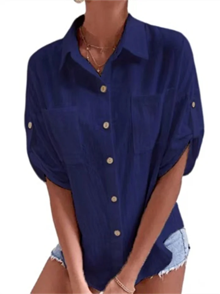 Women's Summer New Medium-sleeved Solid Color Pocket Lapel Single-breasted Loose Type Medium-length Cotton Linen Shirt