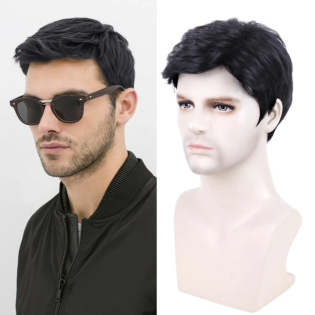 Men's Short Hair Men's Wig Black Chemical Fiber Hair Cover Synthetic Wigs