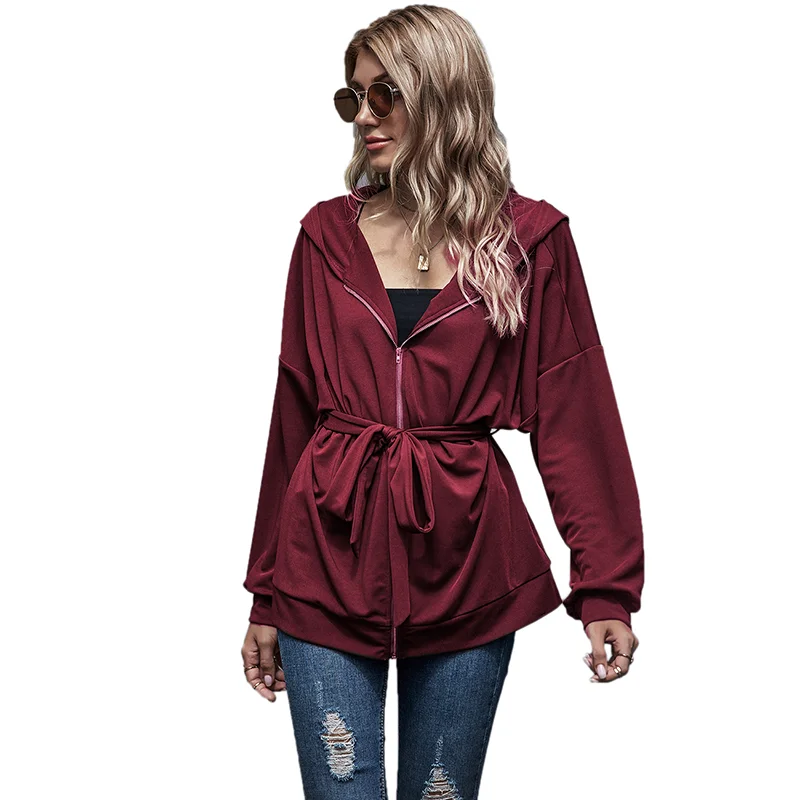 Wine Red Zipper Lace-Up Hooded Coat