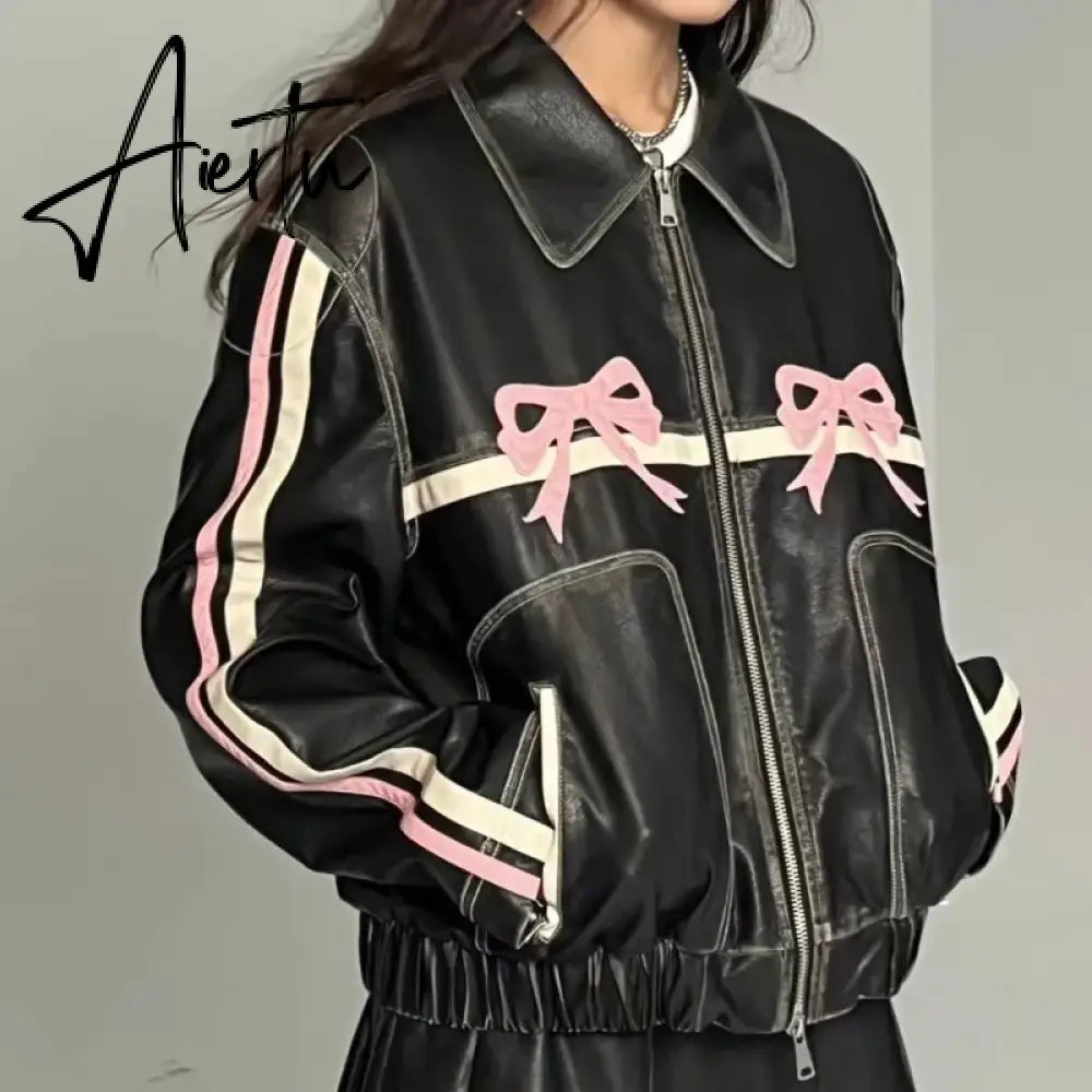 Leather jackets Bow embroidery black bomber women racing winter Korean fashion Jacket vintage Outerwear coats outwear y2k Aiertu