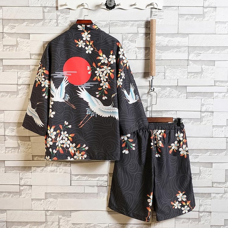 Vintage Crane Print Cardigan Kimono Outerwear Shorts Set - Modakawa Modakawa
