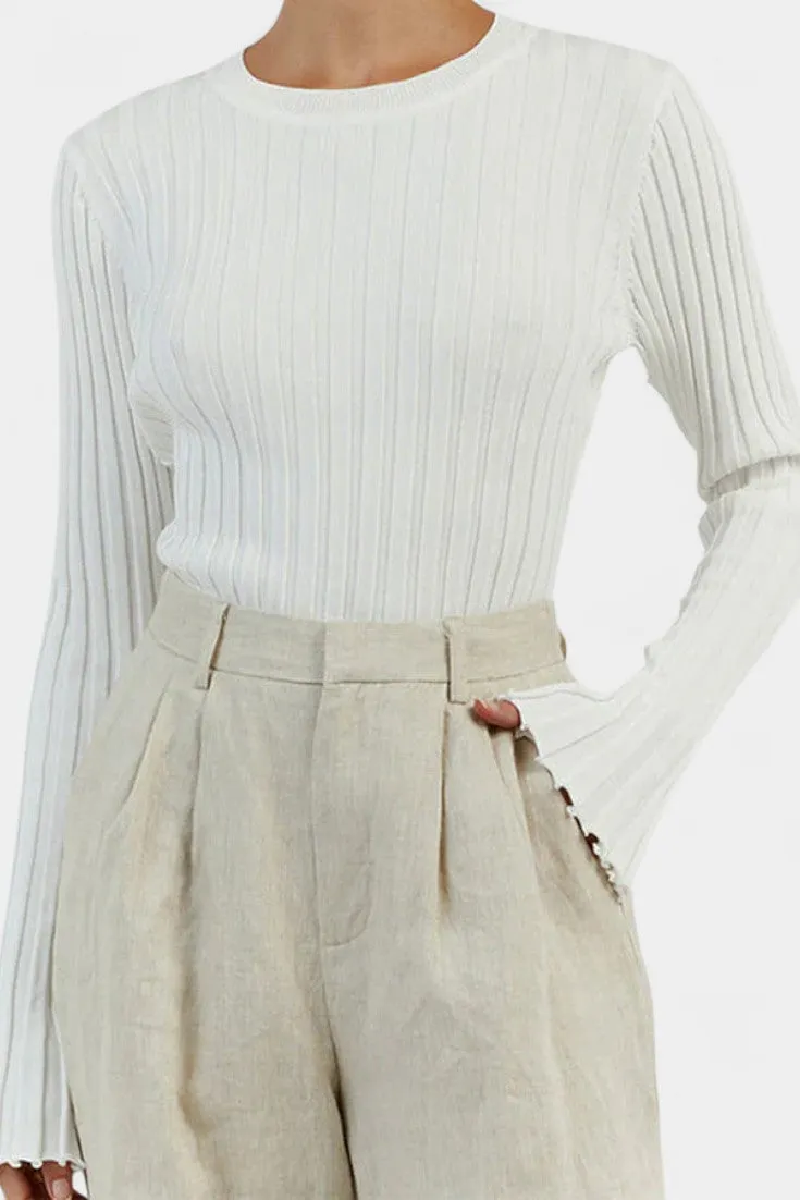 Ribbed Long-Sleeve Crew Neck Sweater with Pleated Waistband