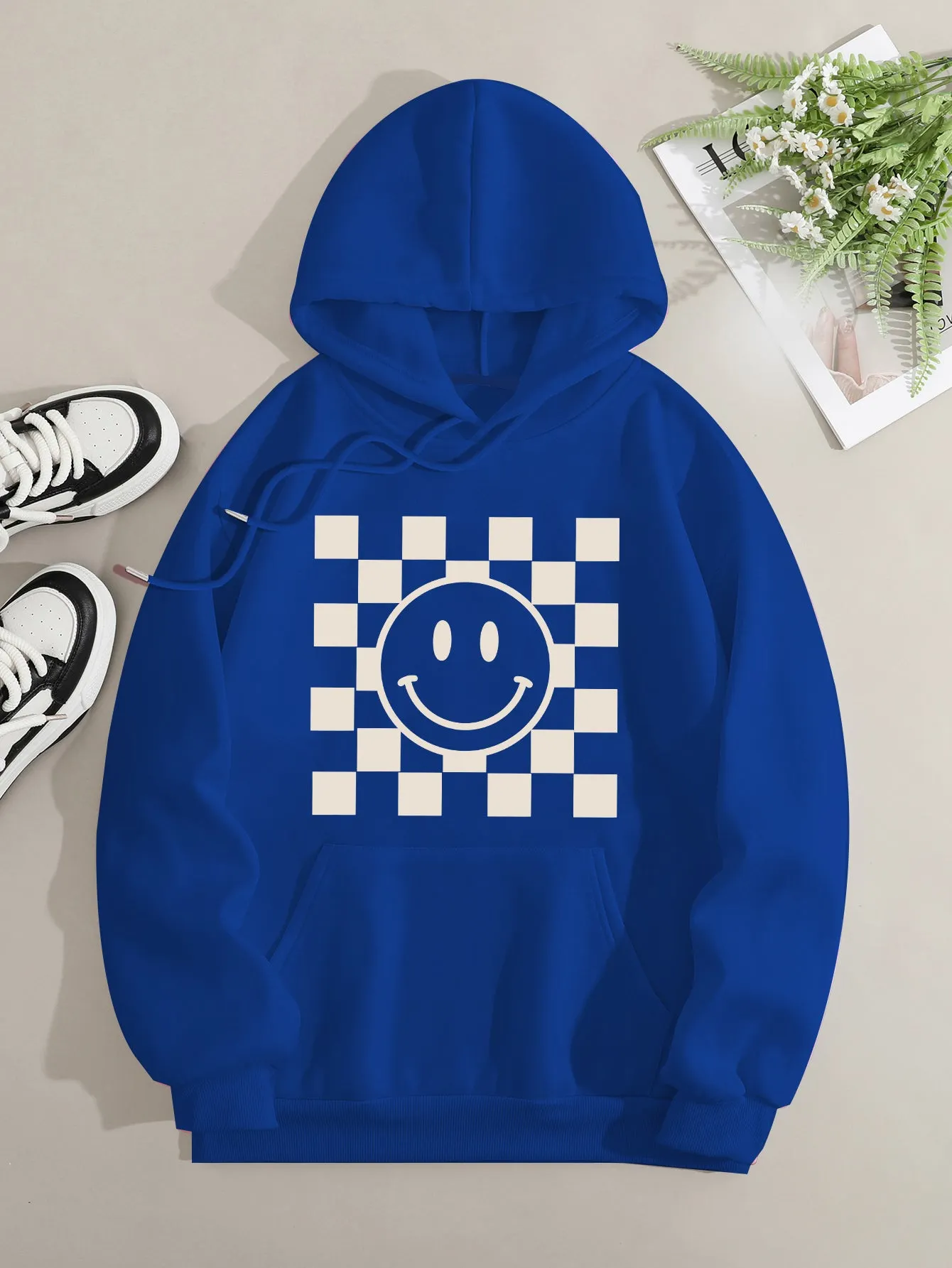 Printed on front Kangaroo Pocket Hoodie Long Sleeve for Women Pattern Smile Face