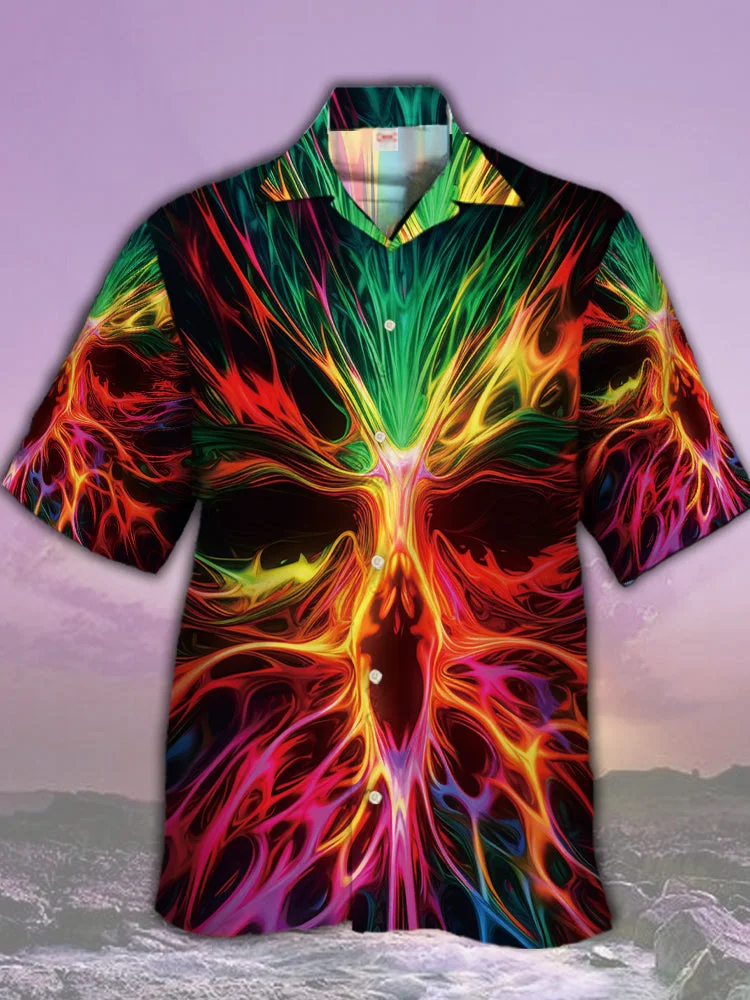 Eye-Catching Cool Colorful Glowing Flame Skull Printing Cuban Collar Hawaiian Short Sleeve Shirt BestDVibe