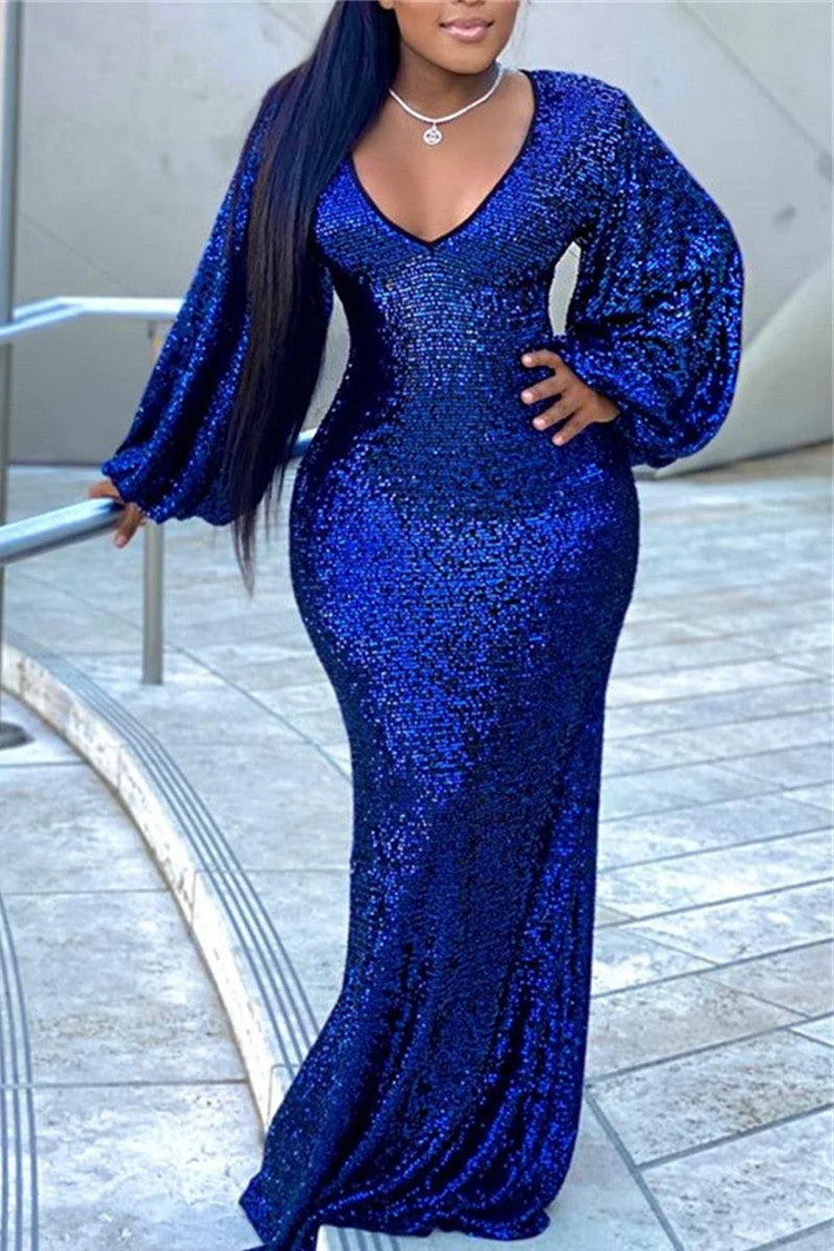 Plus Size Royal Blue V Neck Sequin Hubble-Bubble Sleeve Maxi Dress