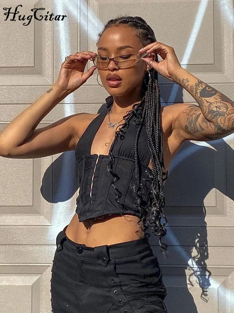 Hugciar 2021 Sexy Sleeveless Bandage Front Cardigan Bodycon Corset Crop Top Skinny Summer Women Fashion Streetwear Tshirt Y2K Ro