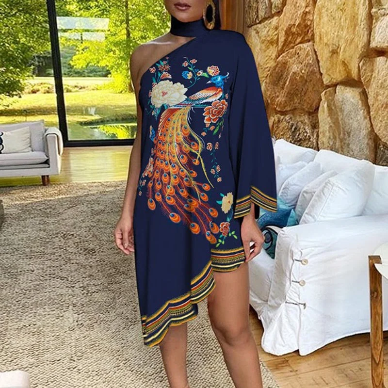 Vintage Women's Autumn Irregular Dress Sexy Halter One-shoulder Club Party Dress Elegant Long Sleeve Peacock Print Dress Vestido