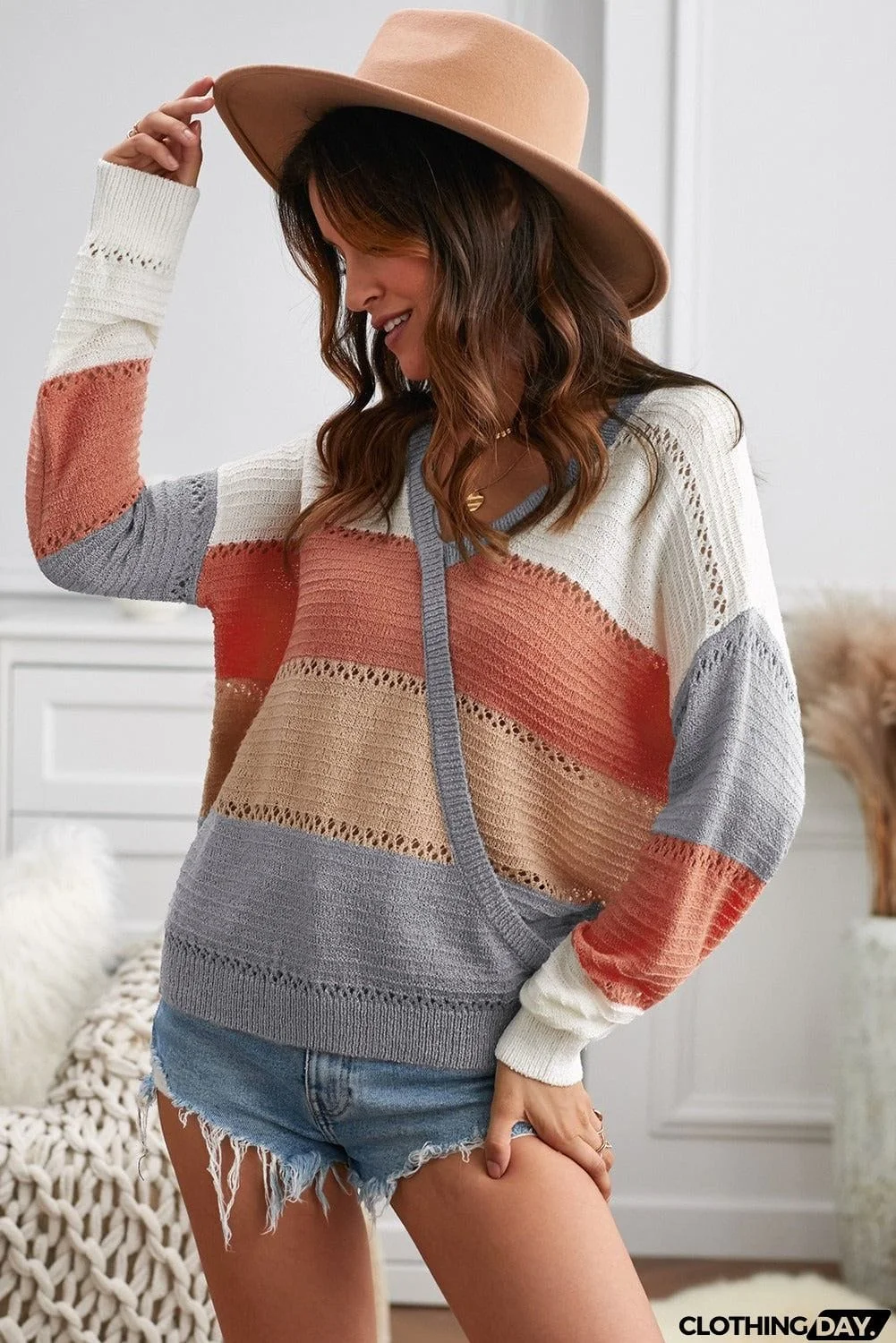 Lightweight Gray Color Block Deep V Neck Wrap Sweater