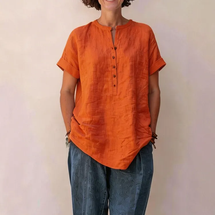 Women's Solid Color Stand Collar Button Linen Blend Shirt