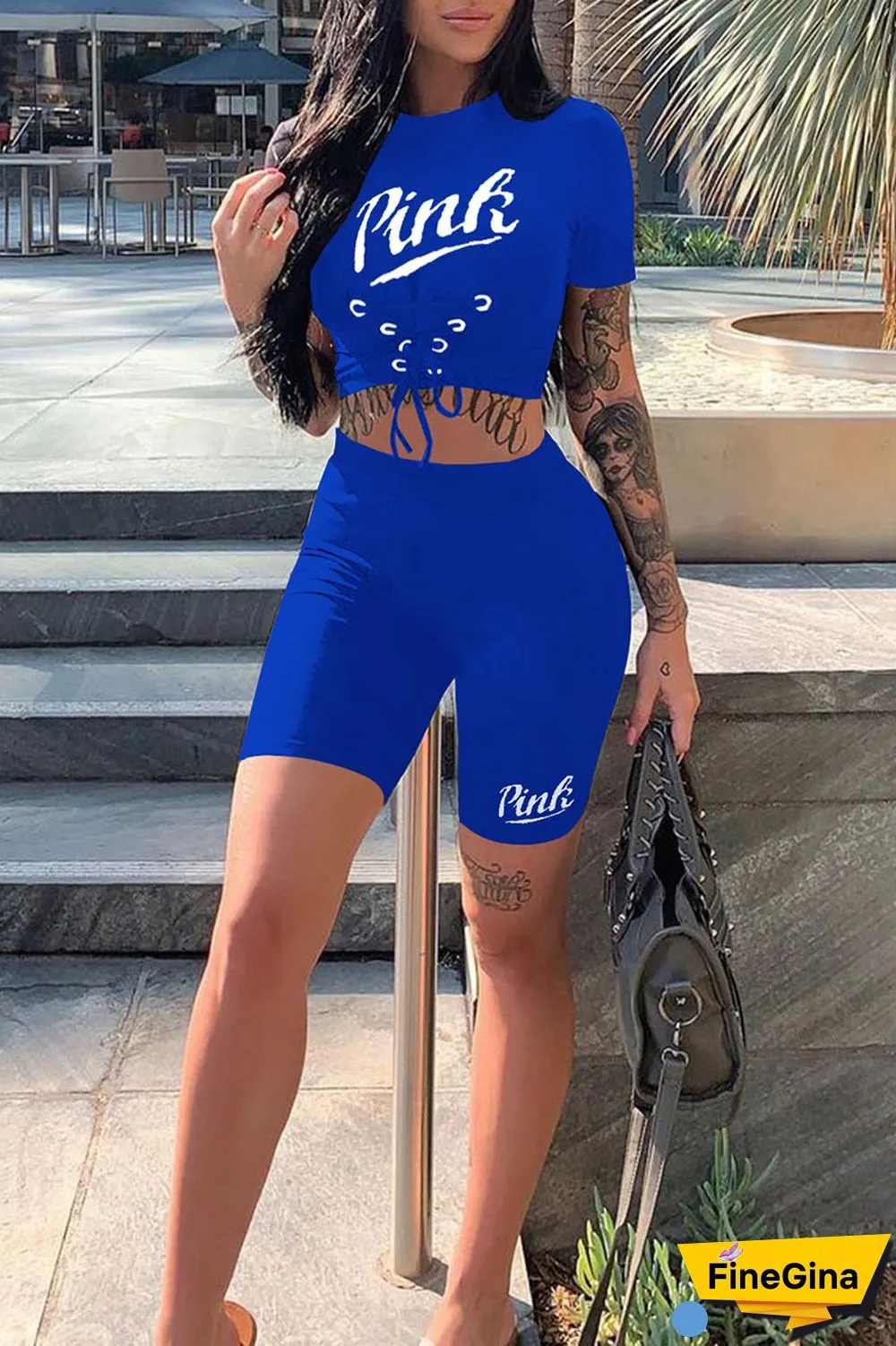 Black Casual Sportswear Print Bandage Patchwork O Neck Short Sleeve Two Pieces