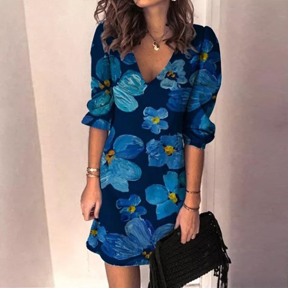 Blue 3/4 Sleeve Floral Print Mini Dress