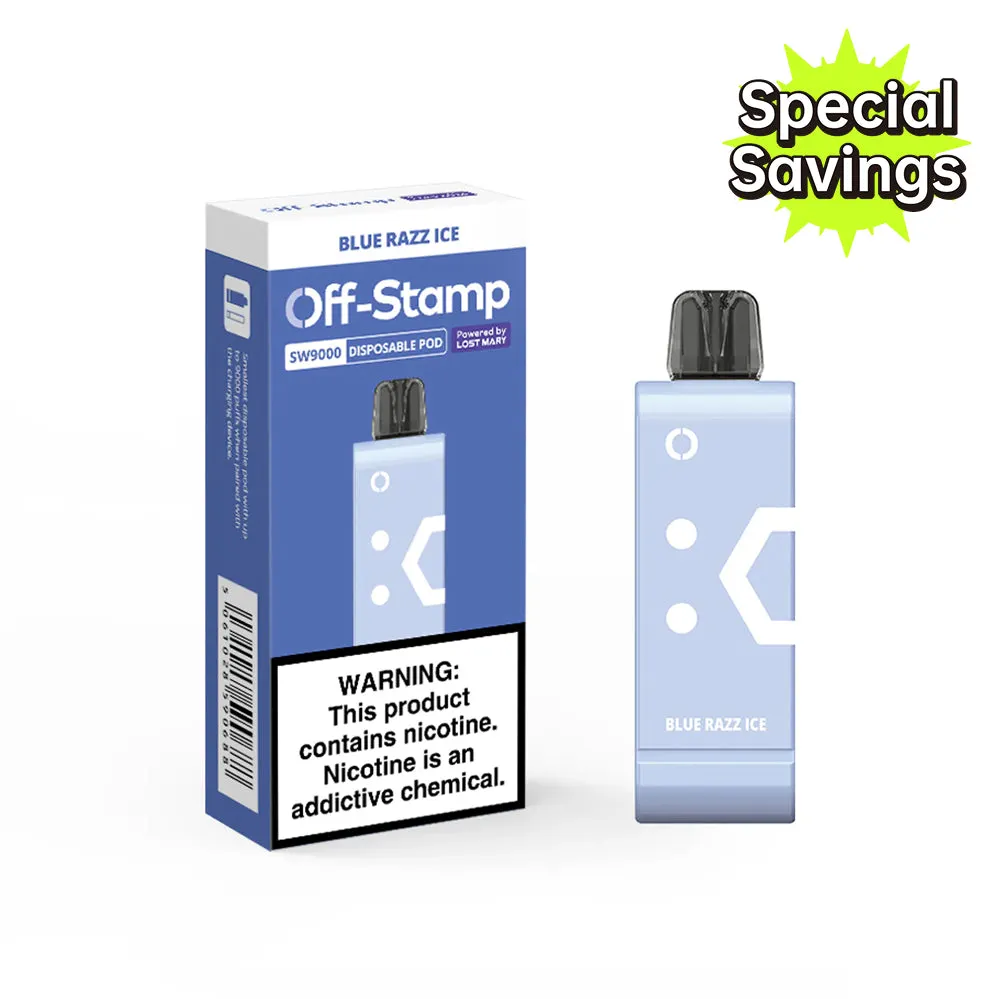 Off-Stamp SW9000 Disposable Pod in Blue Razz Ice flavor with packaging, showcasing product appearance.
