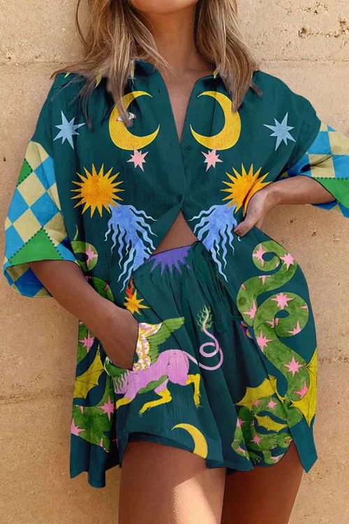 Mature Women's Printed Shorts Short Sleeve Fashion Suit