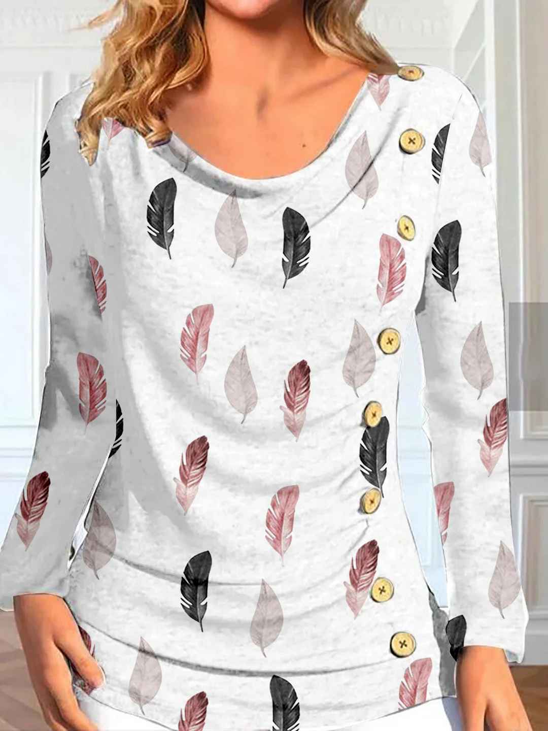 Women's Graphic Floral Printed Solid Color Scoop Neck Long Sleeve Top