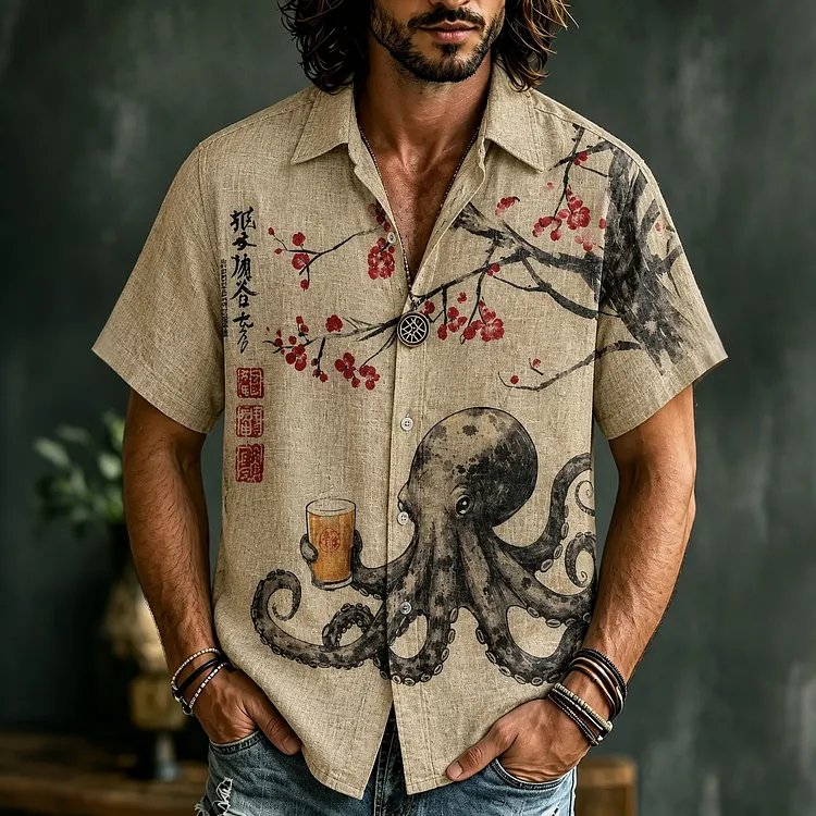 Men's Octopus Drinking Tea Under The Cherry Tree Art Print Shirt