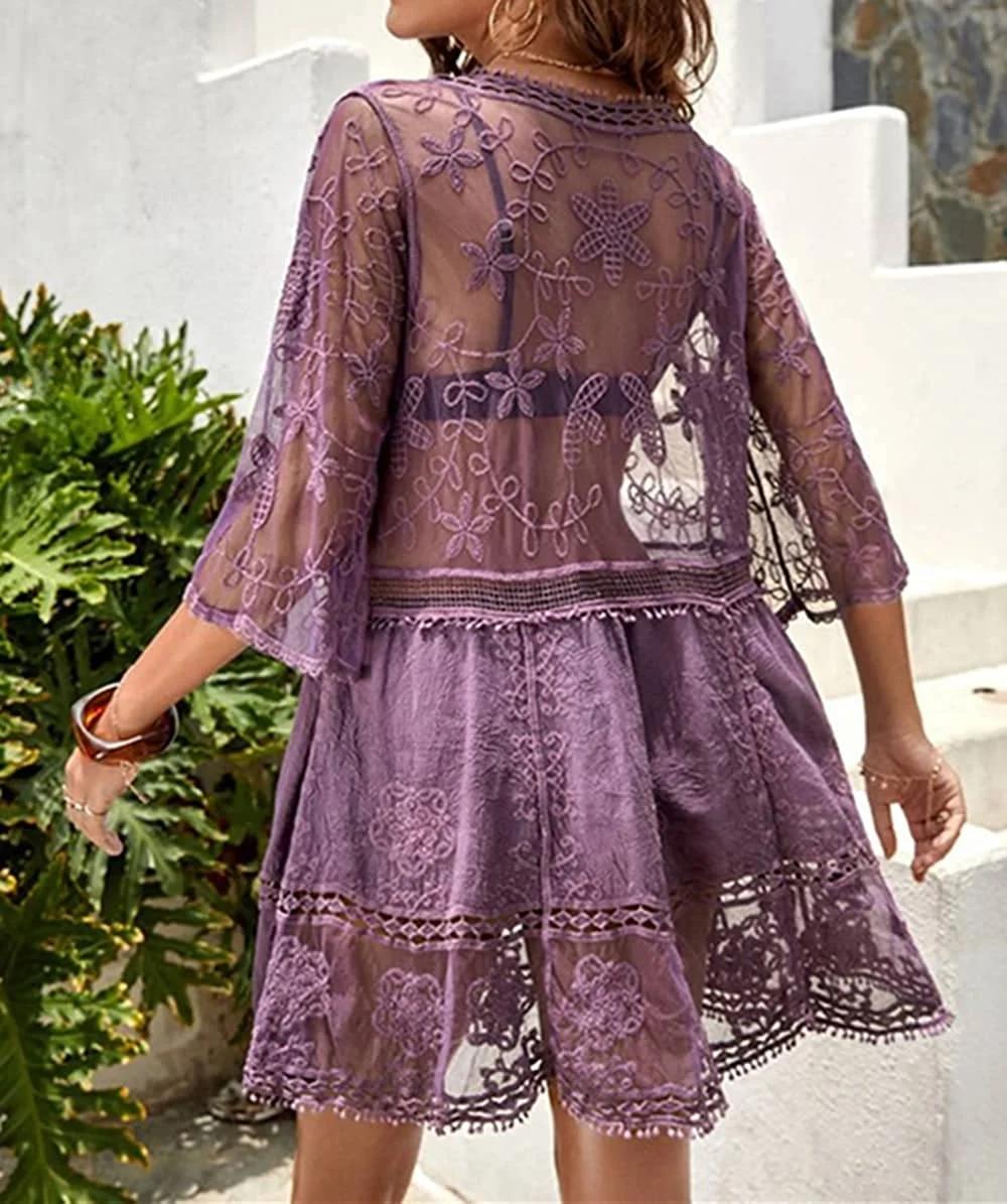 B2prity Women's Contrast Lace Bathing Suit Cover Up V-Neck Swimsuit Coverups Loose Swimwear Beach Dress Beachwear