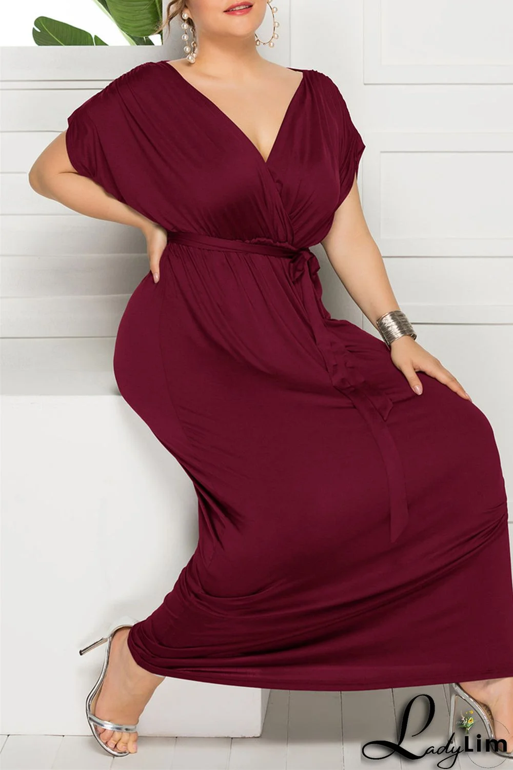 Burgundy Fashion Casual Plus Size Solid Split Joint V Neck Long Dress