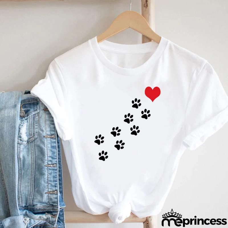 Women Loose Simple Cartoon Cat Footprint Print Round Neck Short Sleeve T-Shirt
