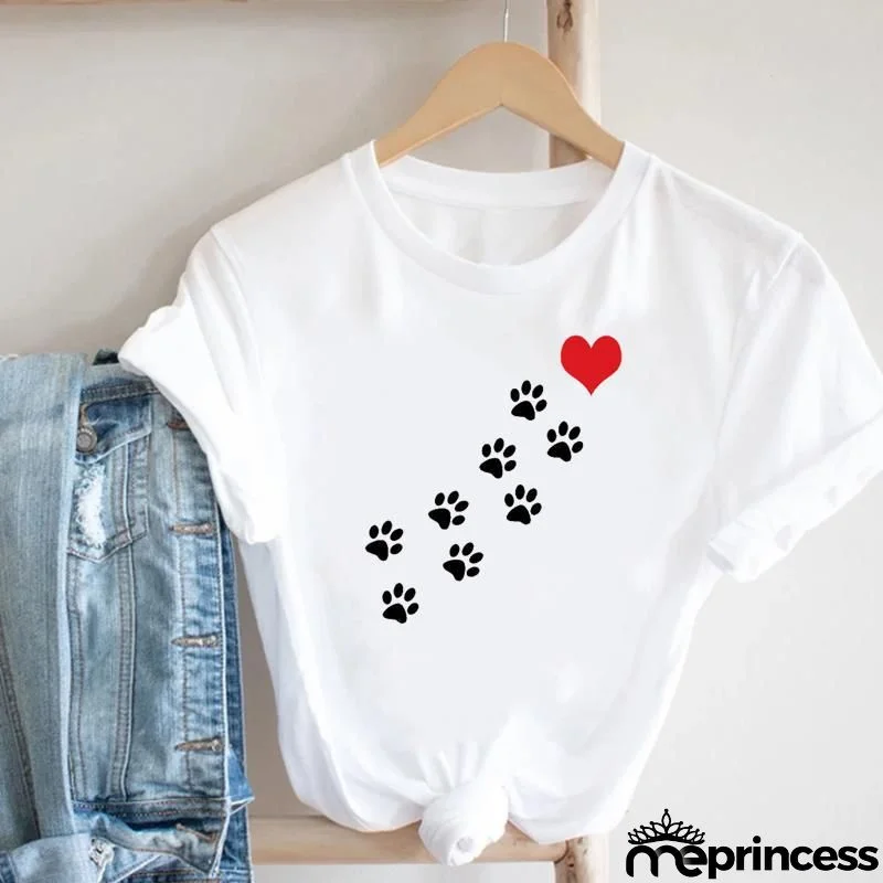 Women Loose Simple Cartoon Cat Footprint Print Round Neck Short Sleeve T-Shirt