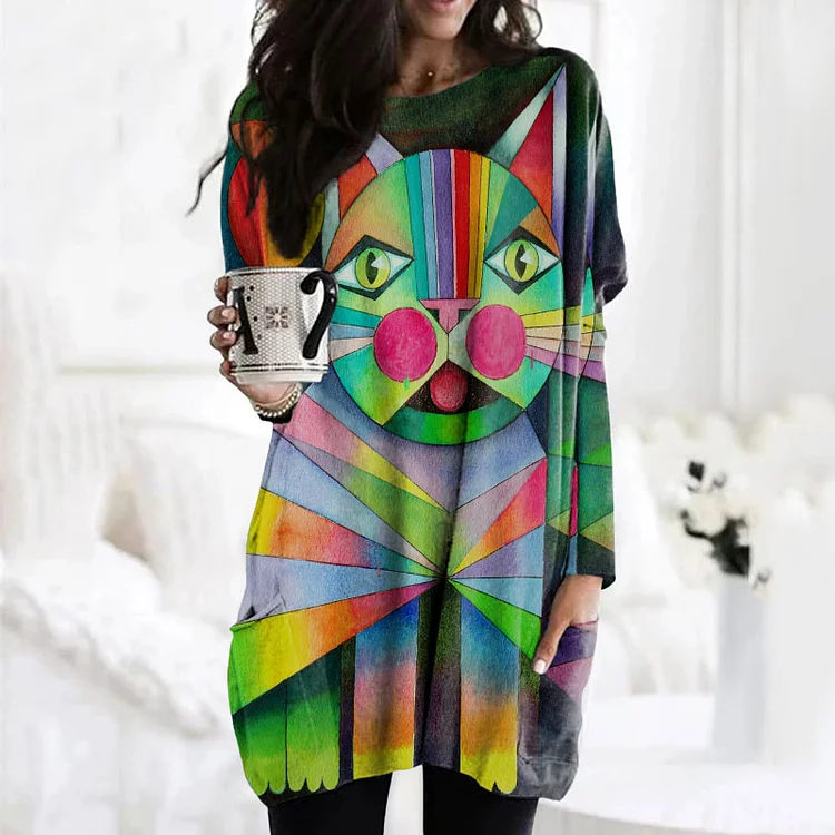 Wearshes Abstract Rainbow Cat Print Casual Crewneck Tunic
