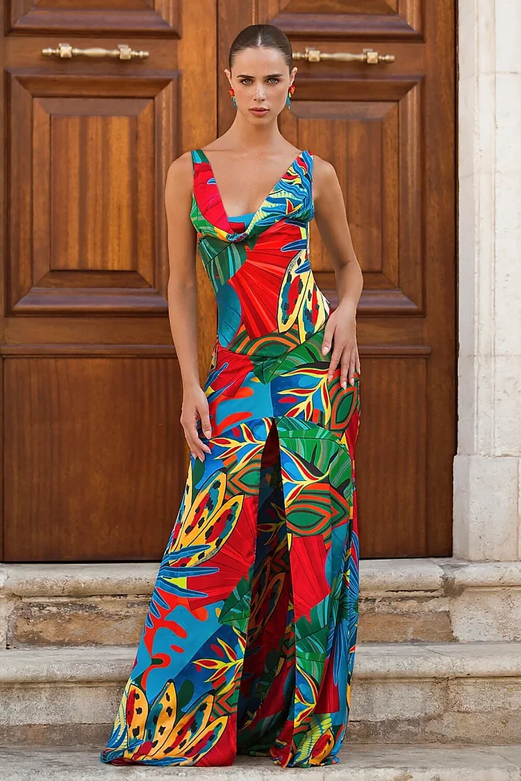 Graphic Print Cowl Neckline Slit Hem Sleeveless Maxi Dresses-Blue [Pre Order]