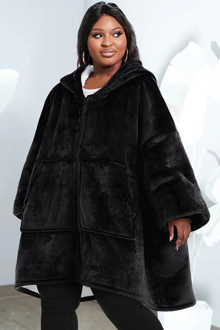 Xpluswear Design Plus Size Daily Outerwear Black Hoodie Zip Long Sleeve Outerwear