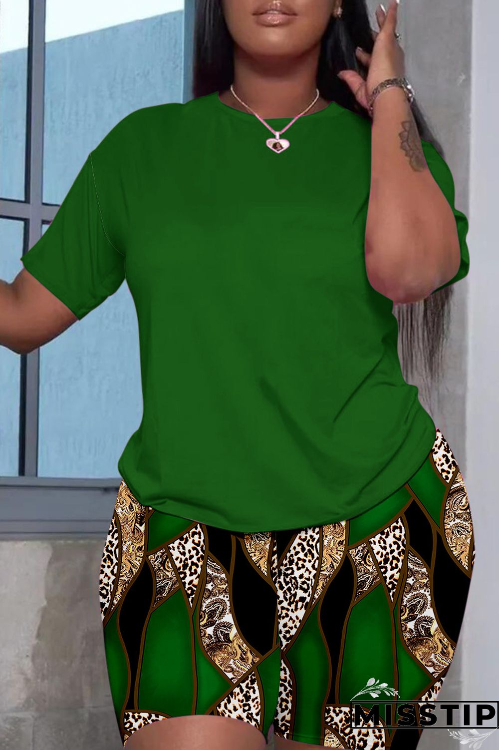 Deep Red Casual Print Basic O Neck Short Sleeve Two Pieces