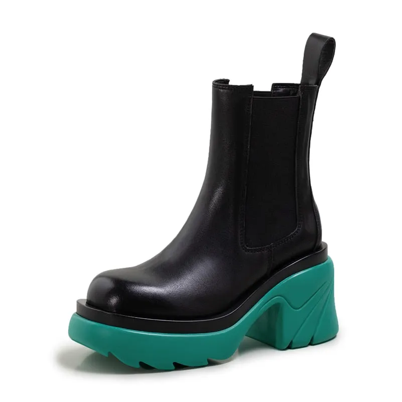 Meotina INS Genuine Leather Ankle Boots Shoes Women Platform Super High Thick Heel Boot Slip On Round Toe Lady Short Boots 42
