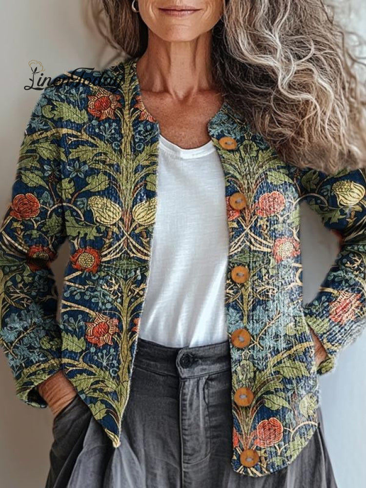 Women&rsquo;s Vintage Lovely Floral Art Print Buttoned Cardigan Sweater Multicolor / S