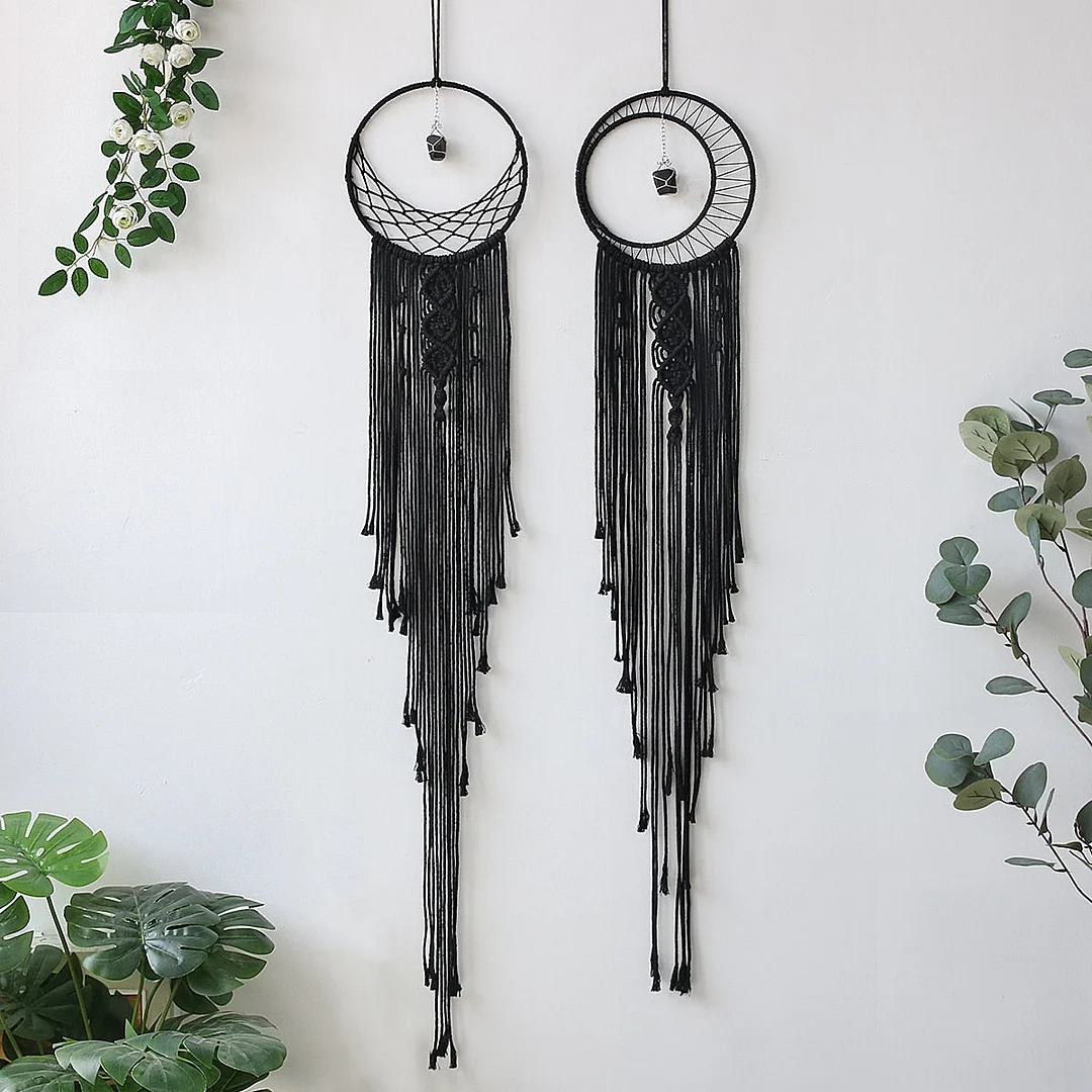 Black Sun Moon Dream Catcher Nordic Macrame Dreamcatcher With Crystal Wall Room Home Decor Yard Garden Bedroom Decoration