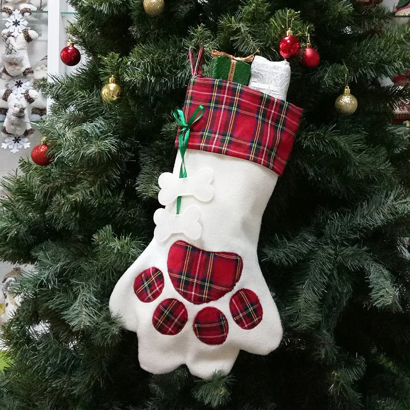 Decor for the new year 2019 Plaid Bags Pet Dog Cat Paw Stocking Socks Xmas Tree Hanging Pendant Toy Doll gifts