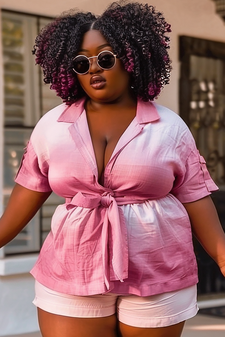 Xpluswear Design Plus Size Vacation Pink Gradient Shirt Collar Short Sleeve Wrap Button Linen Two Piece Short Sets [Pre-Order]