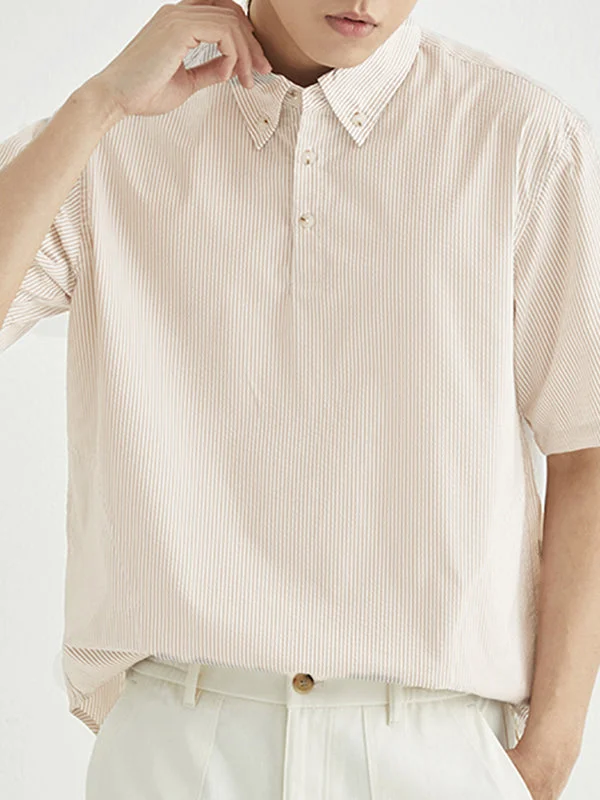 Aonga - Mens Short Sleeve Seersucker Striped Polo ShirtJ