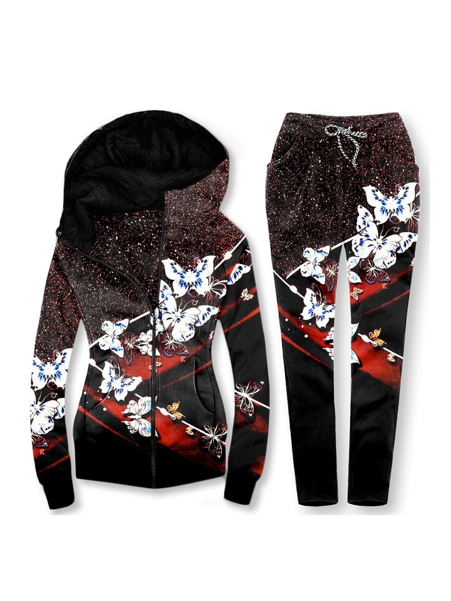 Women's Contrast Print Casual Hoodie Set-1010-08