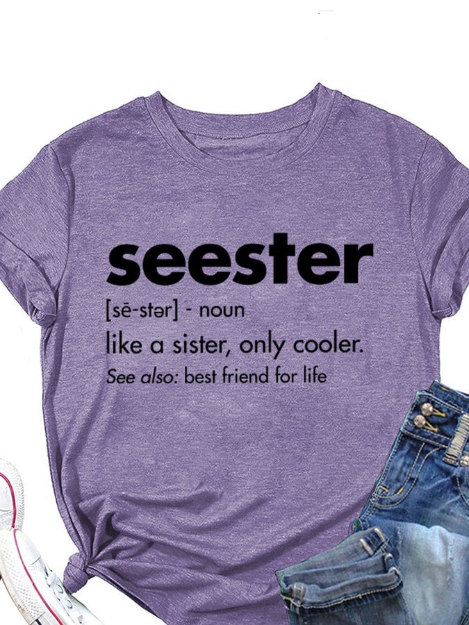 Women‘s Seester Lettered Print Loose Round Neck Short  Tee