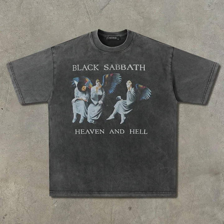 Vintage Heaven And Hell Print Washed T-Shirt
