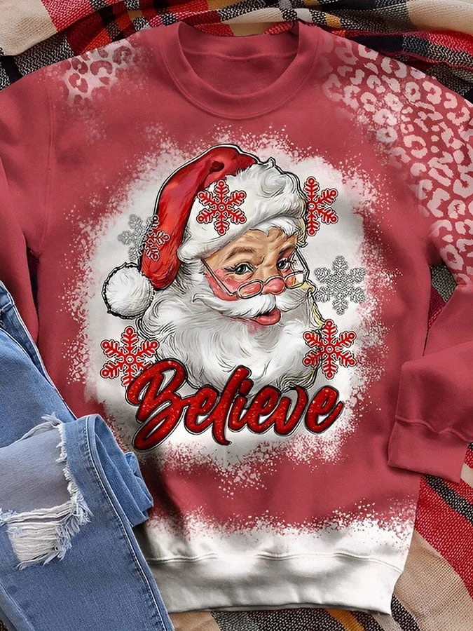 Merry Christmas Santa Believe Leopard Print Pullover