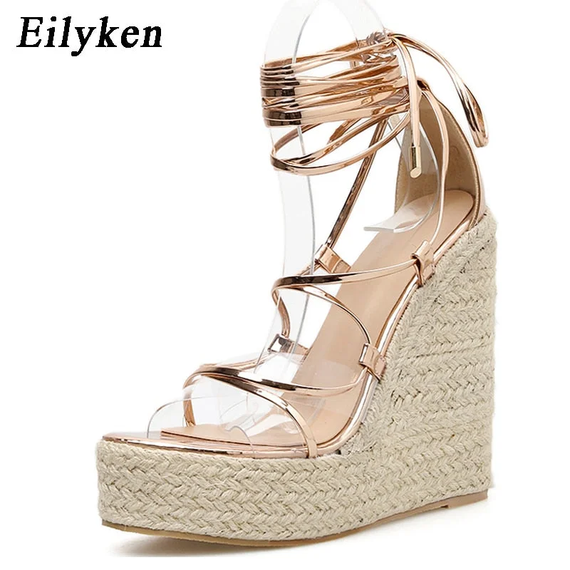 Eilyken 2022 New Champagne Gold Women Sandals Black Lace-up Peep toe Summer Wedges High Heels Large Size 35-42 Elegant Sandals