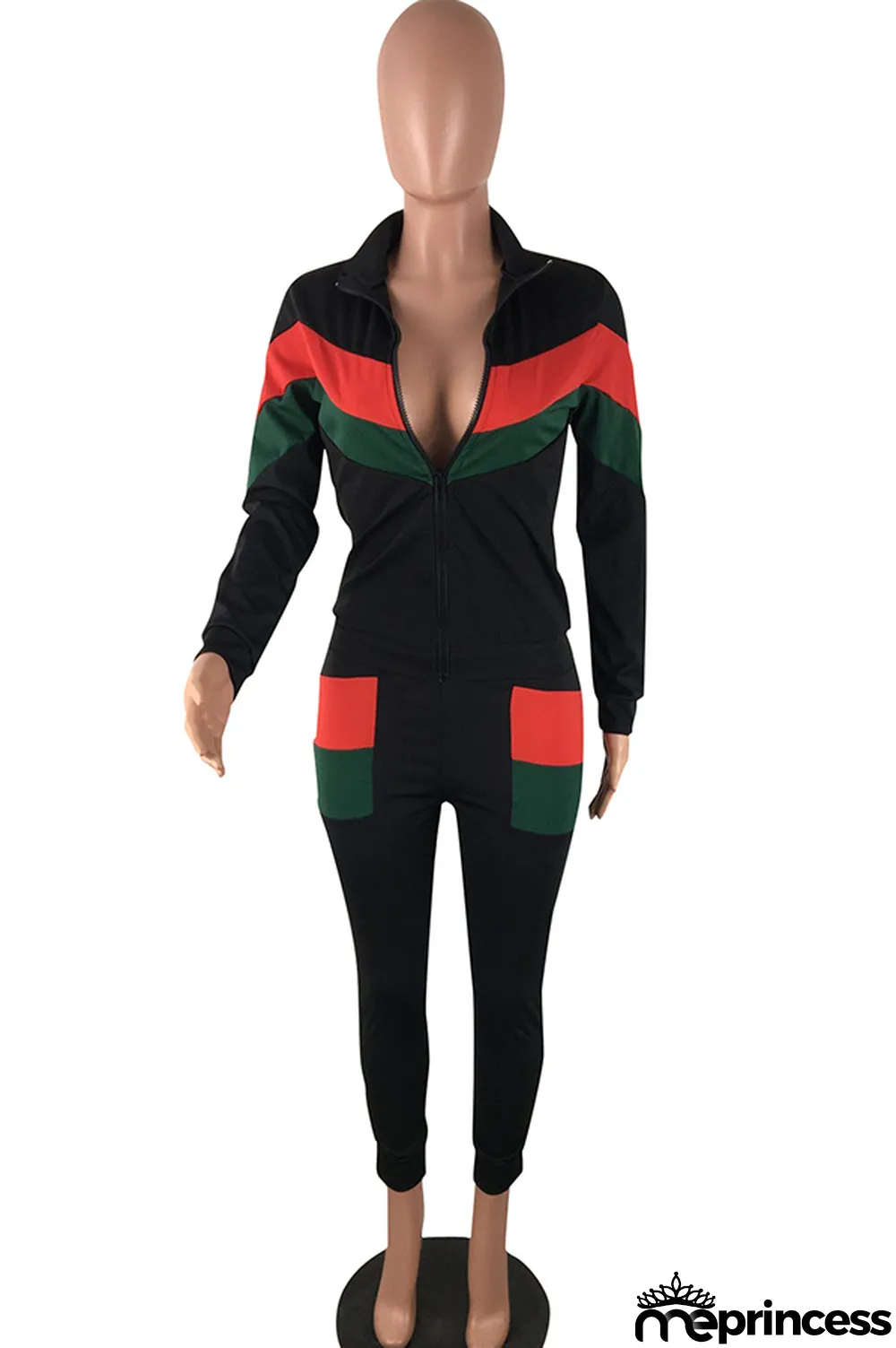 Blue Polyester Casual Two Piece Suits Patchwork Striped Straight Long Sleeve Two-piece Pants Set