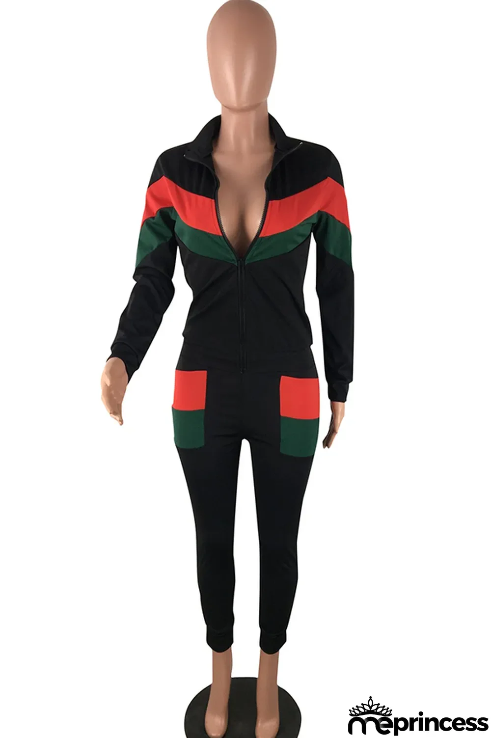 Blue Polyester Casual Two Piece Suits Patchwork Striped Straight Long Sleeve Two-piece Pants Set