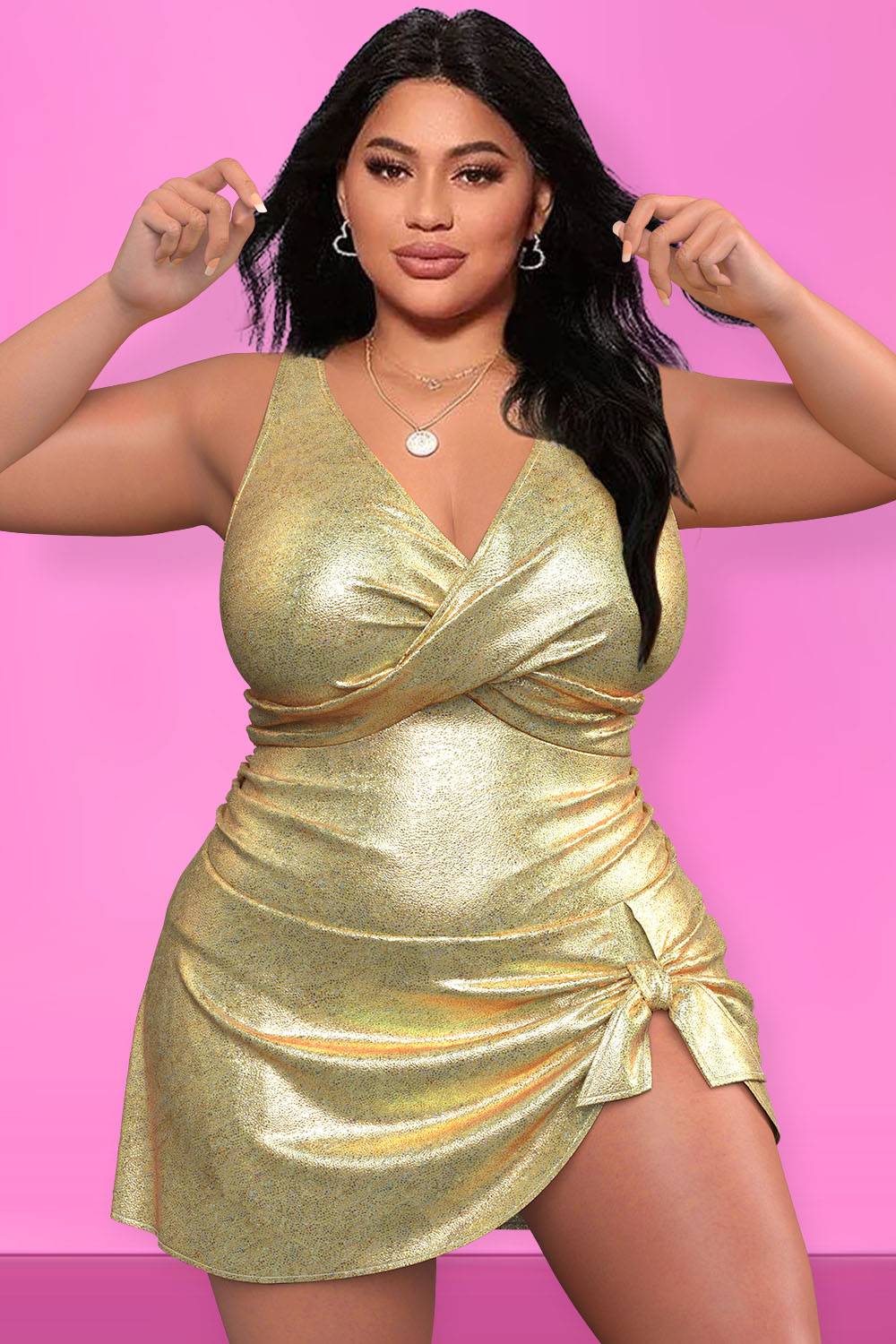 Design Plus Size Vacation One Pieces Swimwear Gold Spring Summer Metallic One Pieces Swimwear [Pre-Order]
