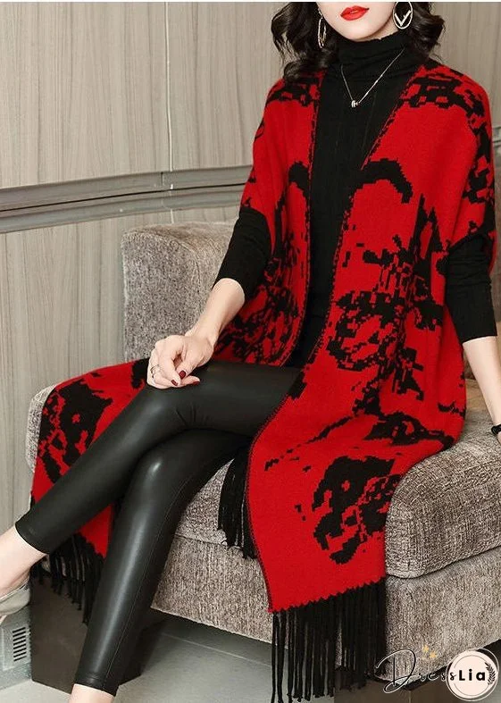 Women Red Print Knit Wool Long Cardigans Short Sleeve